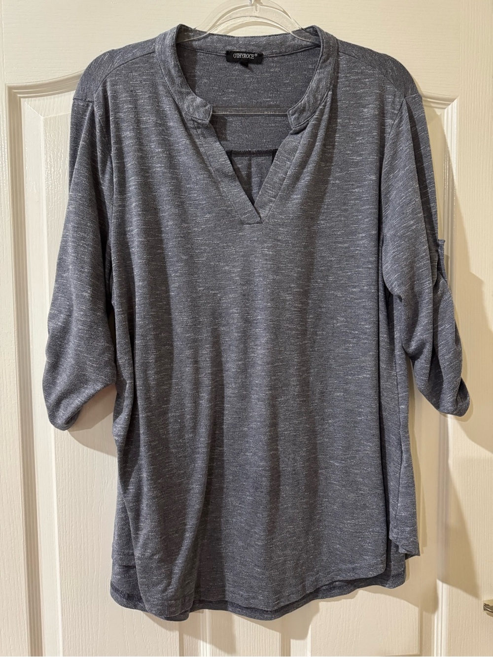 Othyroce Women’s Blue Heather 3/4 Roll Sleeve V Neck Top 1X
